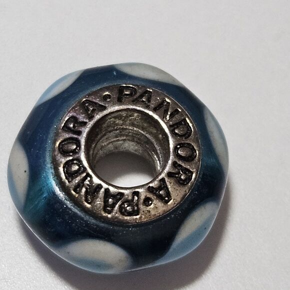 **Sale** Pandora Sterling Silver Murano Glass Blue White Hearts Bead Charm - Picture 7 of 12